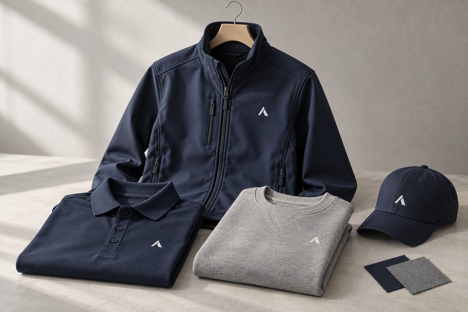 Exemplu de design pentru îmbrăcăminte de firmă: jachetă softshell, tricou polo, bluză și șapcă personalizate unitar