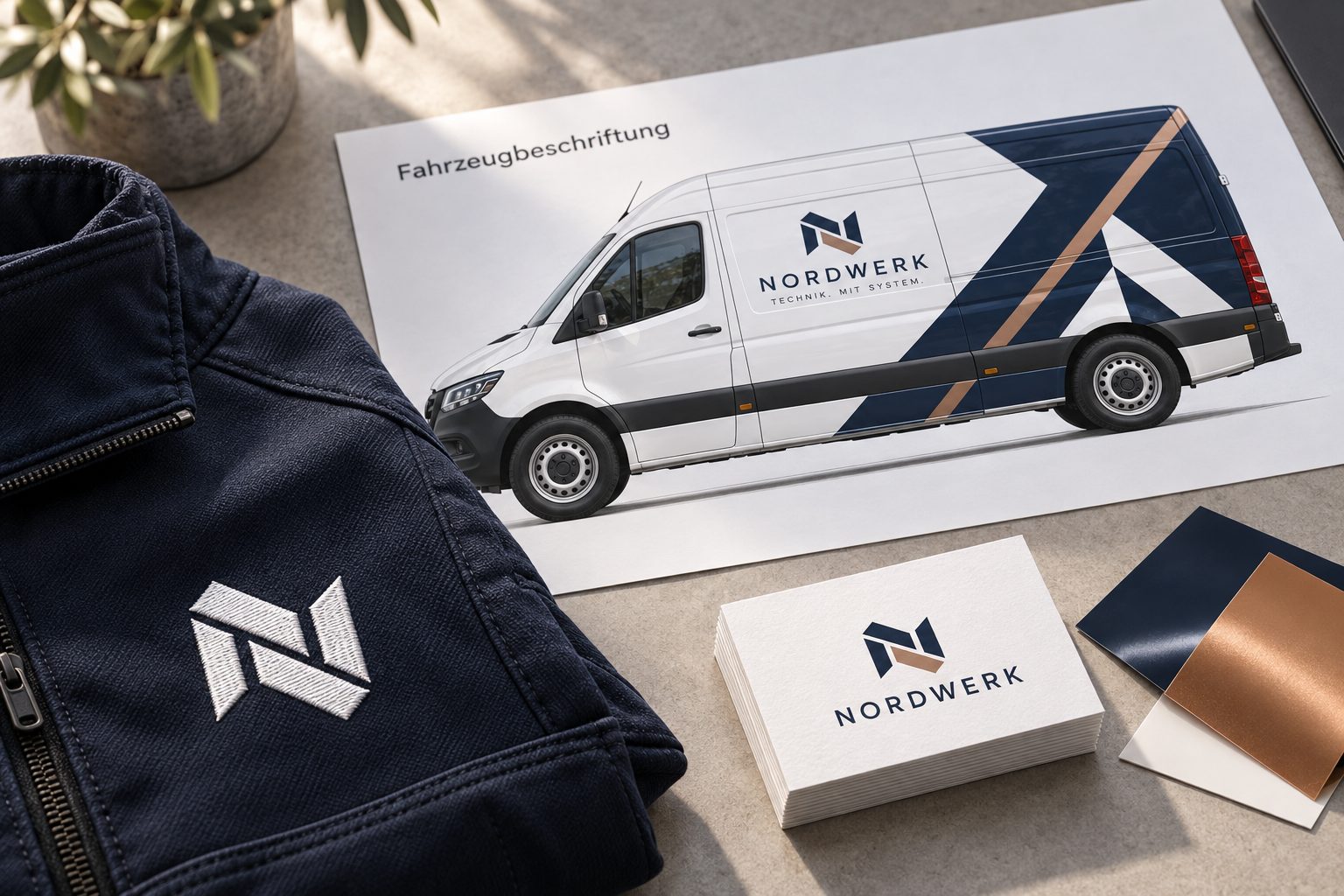 Exemplu de pregătire pentru producție: broderie plină pe îmbrăcăminte de firmă, proiect de colantare auto amplă, cărți de vizită și mostre de folie