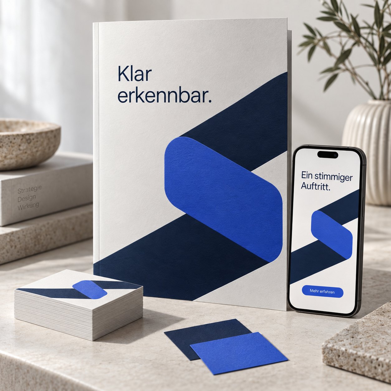 Concept de identitate vizuală unitară pe broșură, cărți de vizită și smartphone, cu mesaje în germană