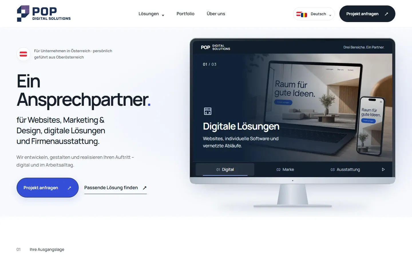 Tatsächliche Startseite von Pop Digital Solutions mit dem Titel Ein Ansprechpartner und den drei Leistungsbereichen
