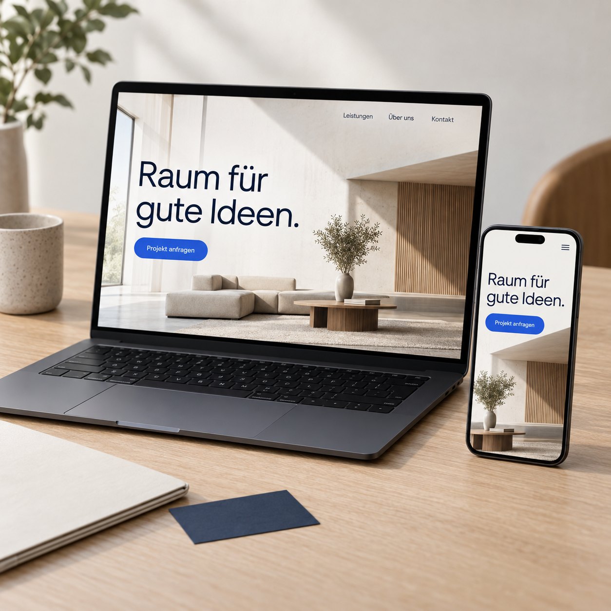 Website-Designkonzept auf Laptop und Smartphone mit abgestimmter Desktop- und Mobilansicht