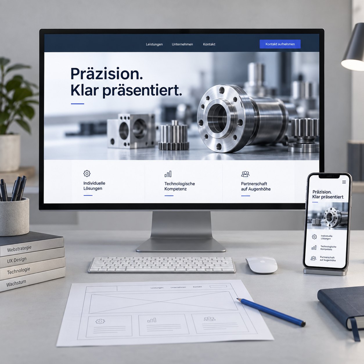 Relaunch-Konzept für einen technischen Betrieb: modernisierte deutsche Website, Mobilansicht und zugehöriger Strukturentwurf